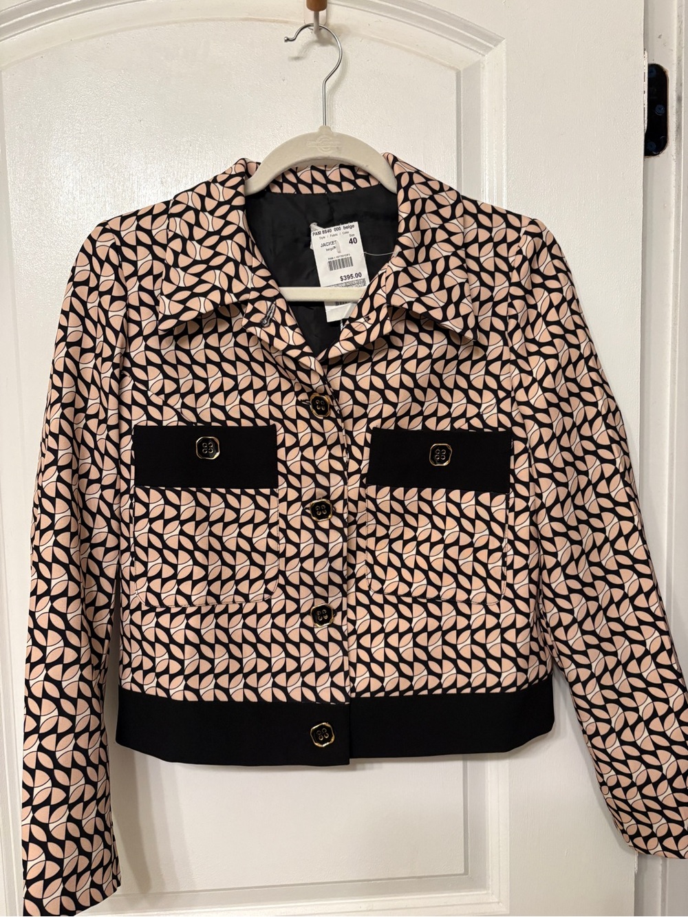 Patterned Pink Crop Blazer with Black Trim